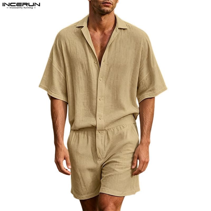 INCERUN Men Vintage Minimalist Casual Turn-Down-Collar แขนสั้น Single-Breasted ขากว้าง Jumpsuits