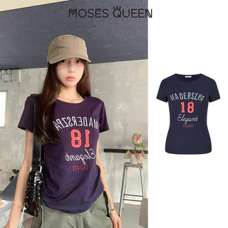 MOSESQUEEN มอสเช่ เสื้อยืดแขนสั้นพิมพ์ลายสไตล์อเมริกันสําหรับผู้หญิงฤดูร้อนเข้ารูปและสลิมมิ่งเสื้อคอกลม #63767