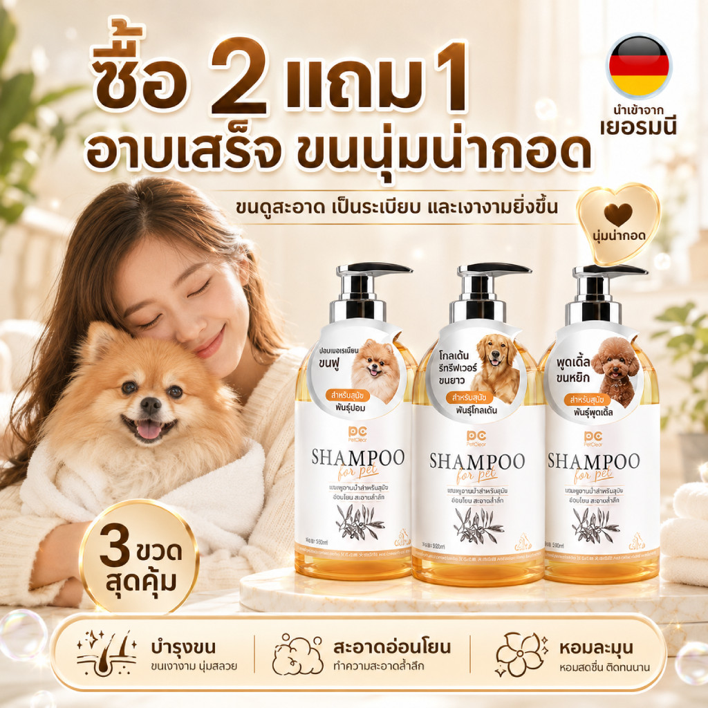PetClear แชมพูอาบน้ำสุนัข 500 มล. สูตรทำความสะอาดและดูแลขน สำหรับสุนัขทุกวัย