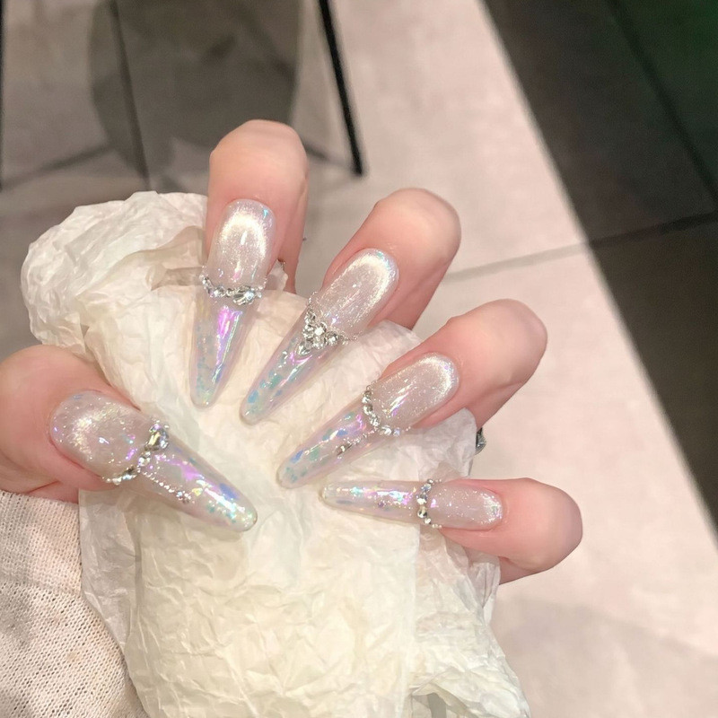Dereisen [Zixia Fairy] Handmade Wearing Nails High-End Symphony Silver Foil French Diamond Cat Eye N