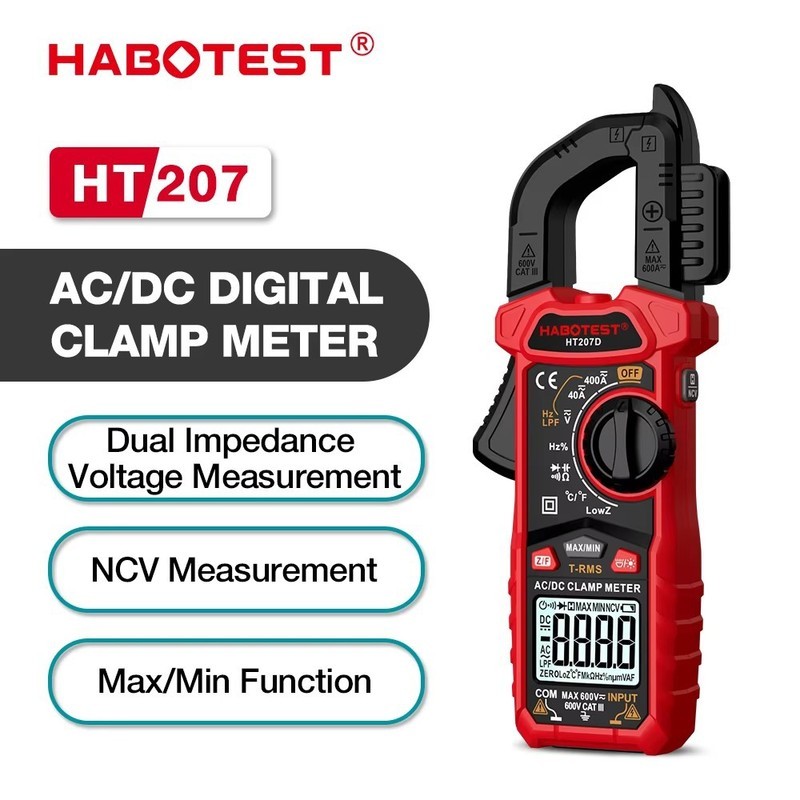 Huabo HT207D แคลมป์มิเตอร์แบบดิจิตอลมัลติมิเตอร์ที่มีประสิทธิภาพจริง NCV การวัดกระแสกระชากสไตล์เดียว