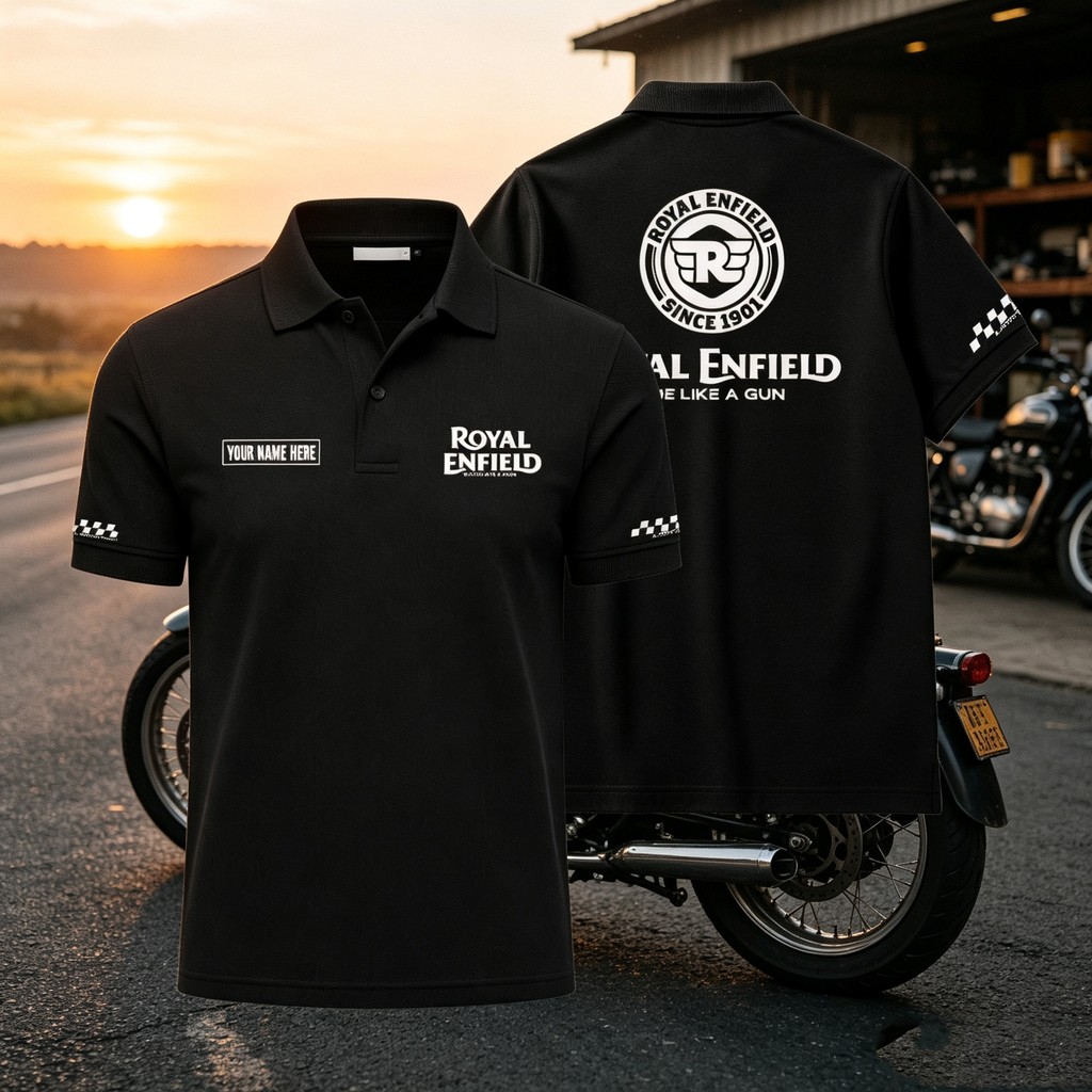 เสื้อโปโล Royal Enfield ลายธงแข่งมอเตอร์ไซค์เหมาะใส่ไปทริปขับมอเตอร์และมีตติ้งชมรมรถจักรยานยนต์