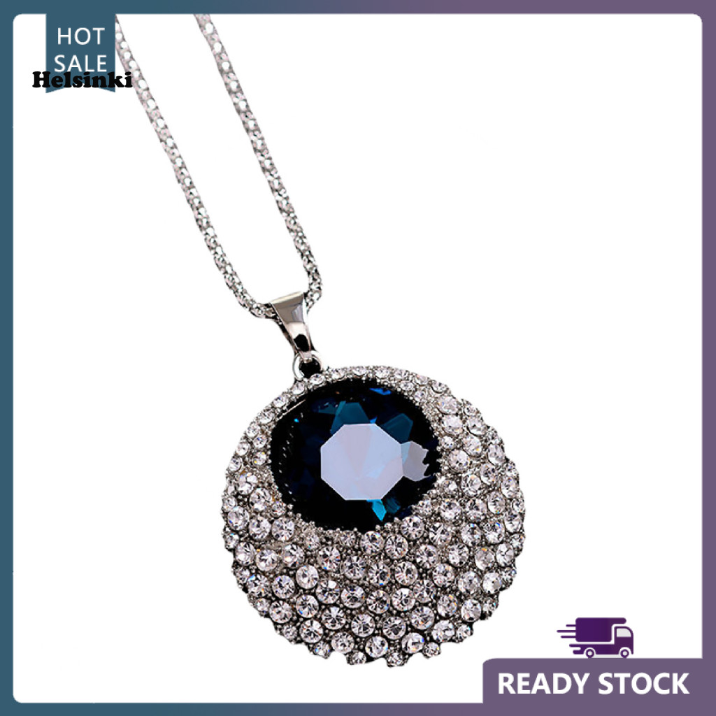 HLS สร้อยคอโซ่ Rhinestone ฝังสร้อยคอจี้ทรงกลมยาววินเทจสําหรับผู้หญิง