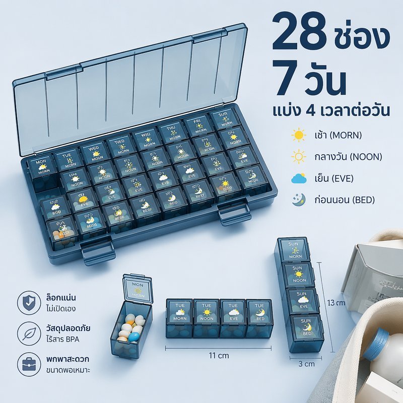 กล่องยา 7 วัน 28 ช่อง แบบพกพา แยก 4 เวลา เช้า กลางวัน เย็น ก่อนนอน ฝาปิดแน่น กันชื้น