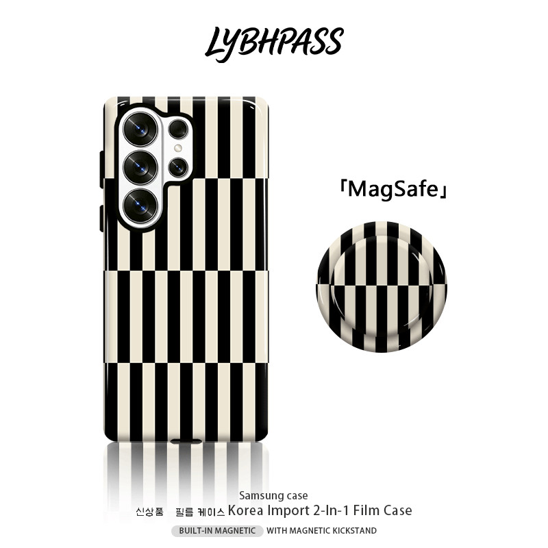 เคสซัมซุง+มีขาตั้งแม่เหล็ก แม่เหล็ก MagSafe ขอบ2ชั้น ลายริ้วขาวดำ เคส Samsung galaxy s20 fe s21 s22 
