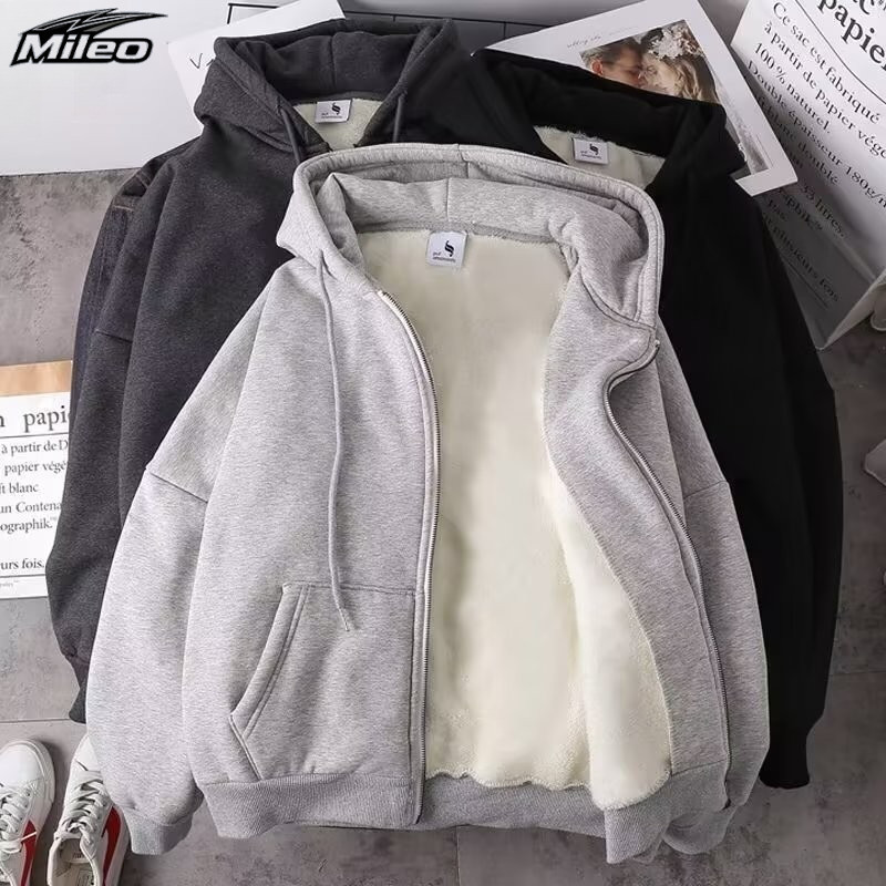 เสื้อกันหนาวสไตล์เกาหลี Unisex ปี แบบ Hooded Zip มีขนแกะหนา สวมใส่ง่ายในฤดูหนาว
