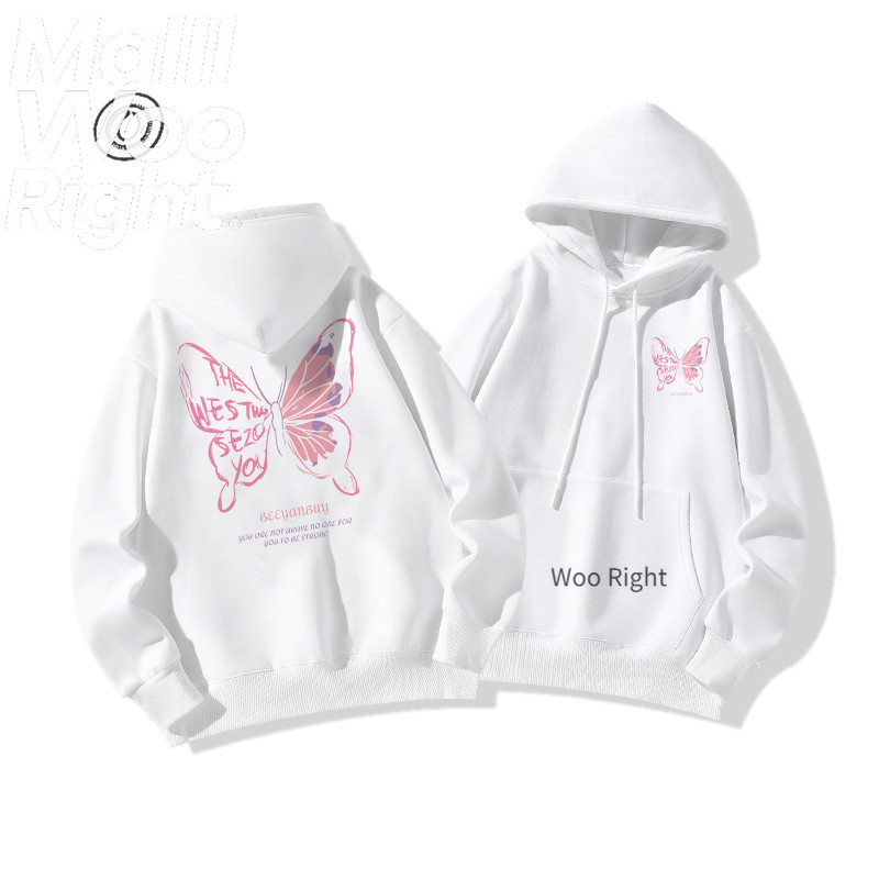 (จัดส่งตลอด 24 ชั่วโมง)Woo Right Printed Hoodies ผีเสื้อสีชมพูวินเทจพิมพ์บางเสื้อฮู้ดแขนยาว