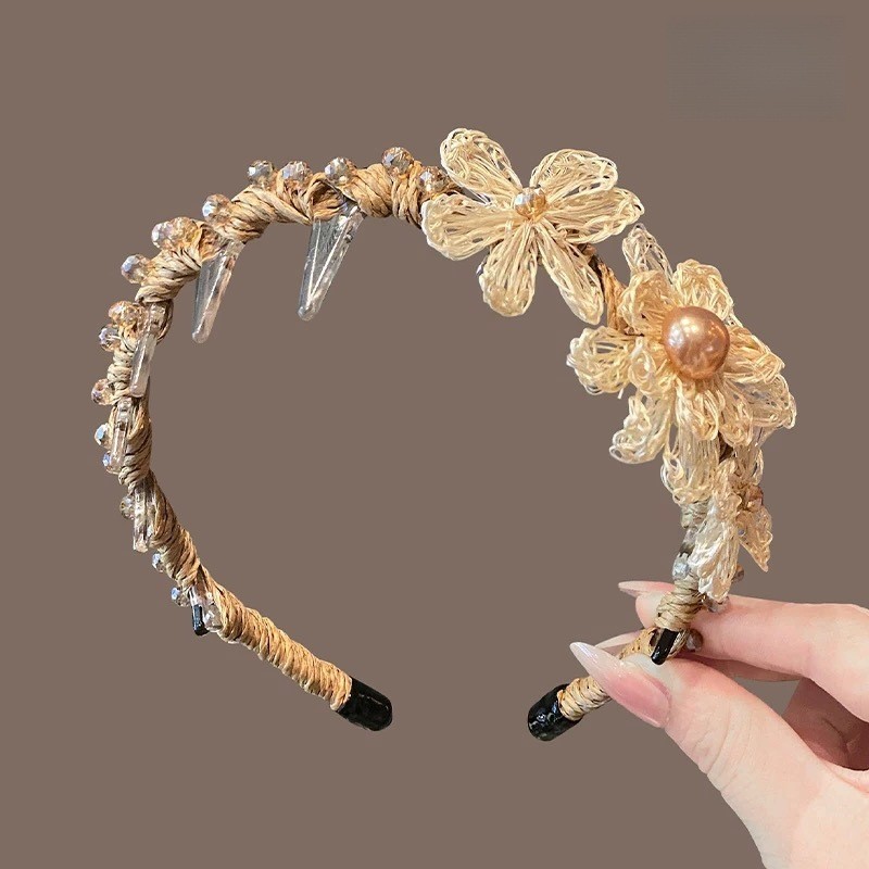 South France Flower Field Hand Hook Raffia Headband ดอกไม้หยักแถบคาดศีรษะกดคลิปผม High Skull Hairpin