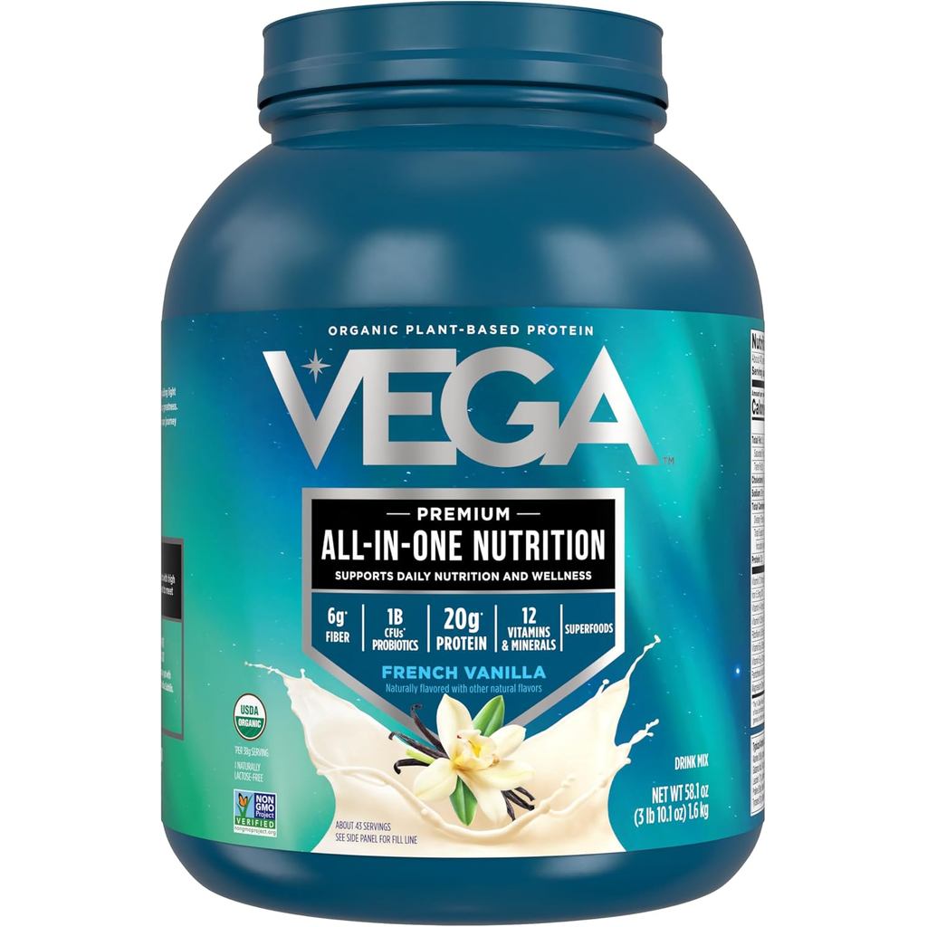 Vega All in One Nutrition Organic - โปรตีนถั่วลันเตาจากพืช 20g, วานิลลาฝรั่งเศส, 43 เสิร์ฟ, วิตามิน 