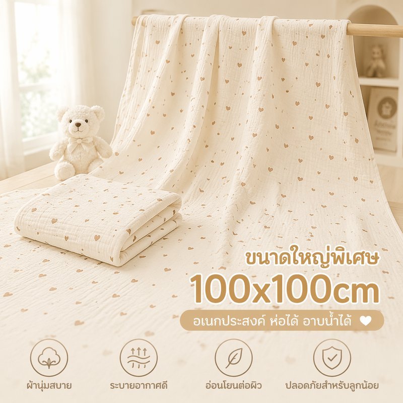 ผ้าขนหนูไม้ไผ่เด็ก 100x100 ผ้ากอซผิวอ่อนโยนนุ่มดูดซับผ้าฝ้ายผ้าห่มห่อตัวการ์ตูน