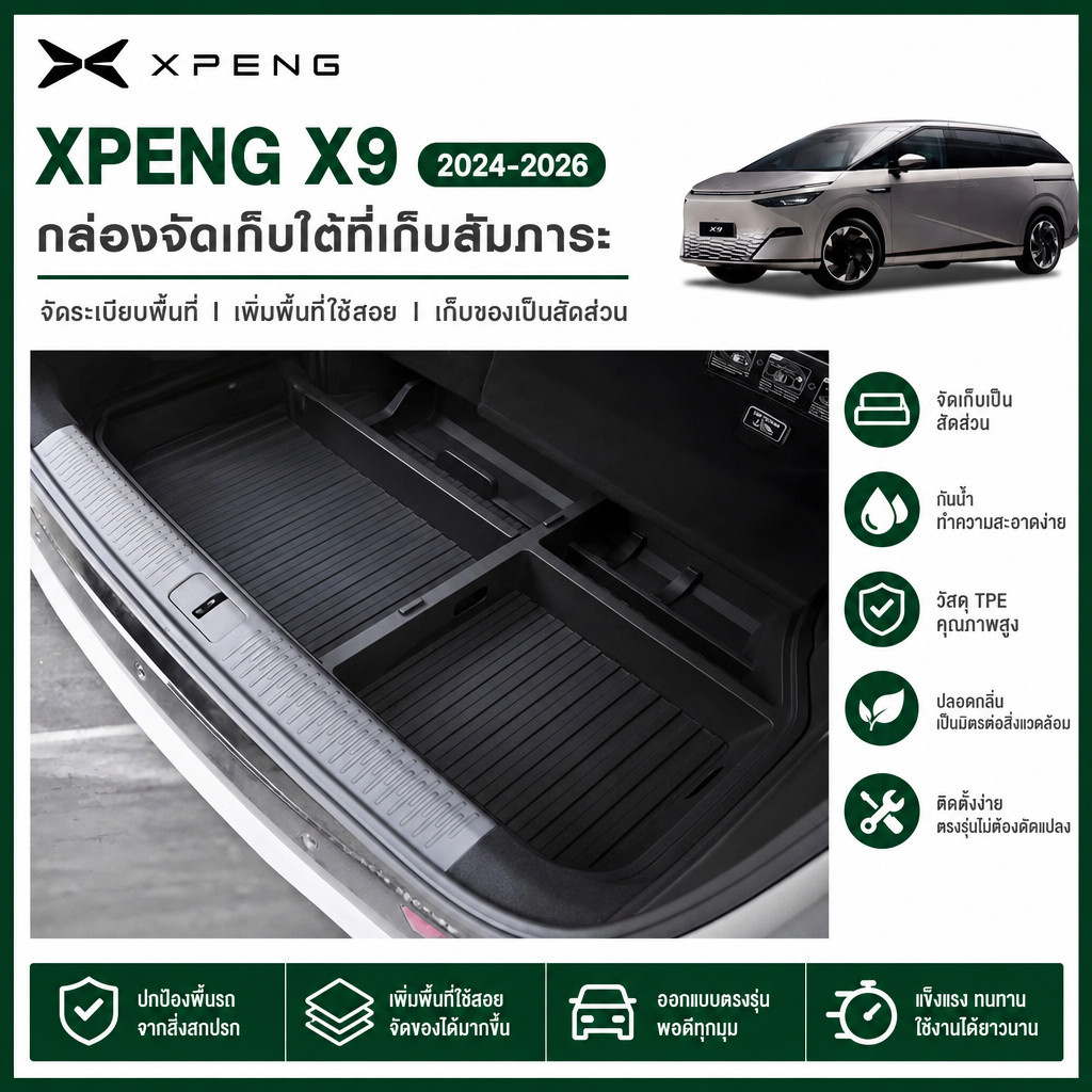 สําหรับ Xpeng x9 2024-2026 ด้านหลังด้านหน้า Trunk กล่องเก็บ Frunk Organizer ถาดช่อง ABS Trunk Organi