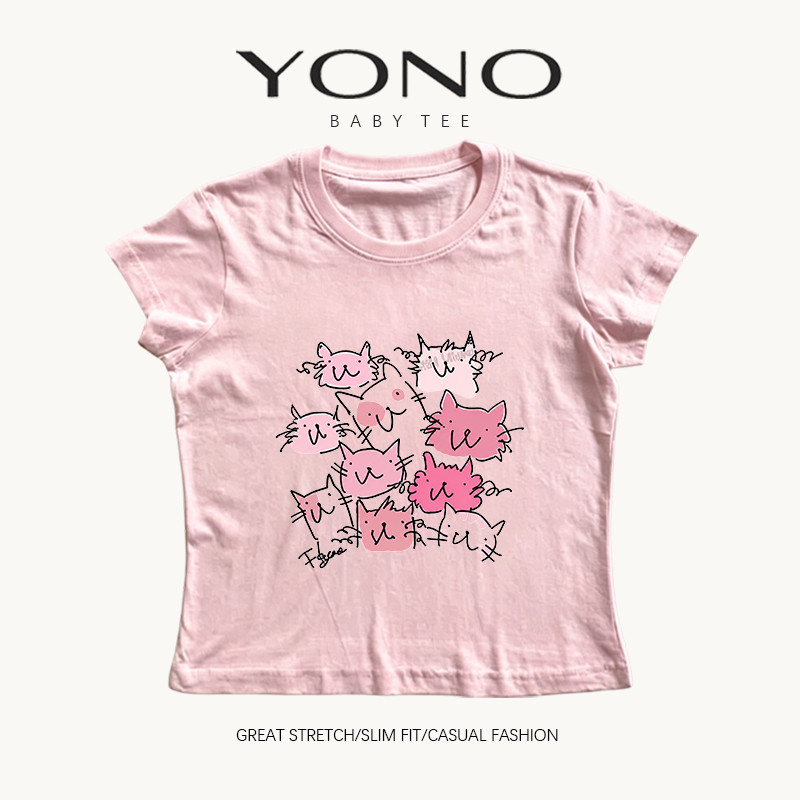 (พร้อมส่ง24ชม.) YONO baby tee สีชมพู ลายหน้าแมวหลายตัวเส้นสีดำ ทรงเข้ารูป น่ารัก
