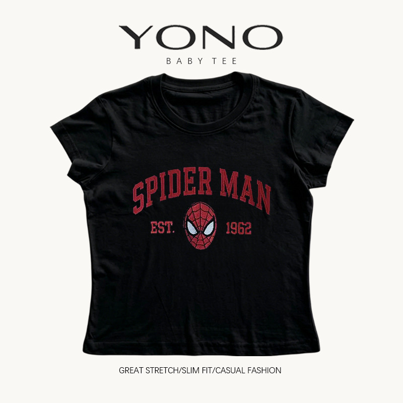 (พร้อมส่ง24ชม.) YONO baby tee สีดำ ลายหน้ากากสีแดงกับตัวอักษรวินเทจ ทรงเข้ารูป สตรีท y2k