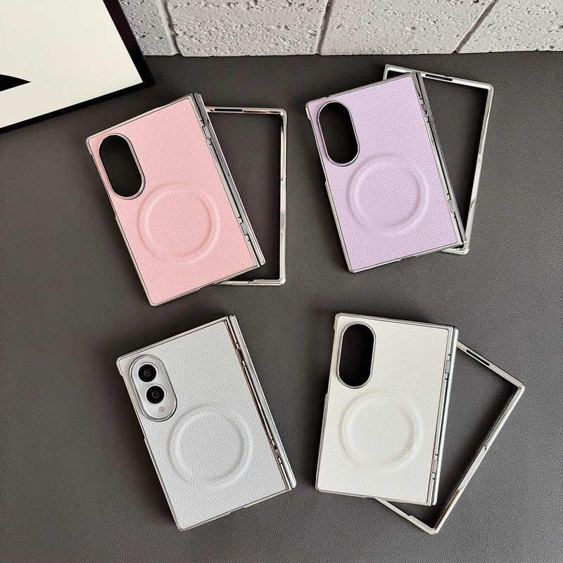 หรูหราหนัง PU Electroplated Auto-rebound บานพับเคสโทรศัพท์แม่เหล็กสําหรับ Samsung Galaxy Z พับ 8 Fold8 รุ่นกว้างปกแข็งปลอกกันชนหน้า