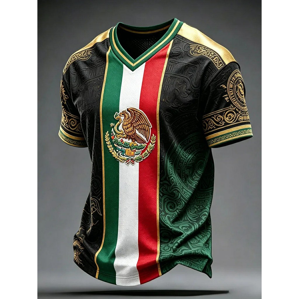 3D พิมพ์เม็กซิโกเสื้อฟุตบอลสีดํา Aztec รูปแบบเม็กซิกันธงแนวตั้งลาย Eagle Crest Golden Border V คอ Breathable แขนสั้นชุดกีฬาพัดลม Casual Top