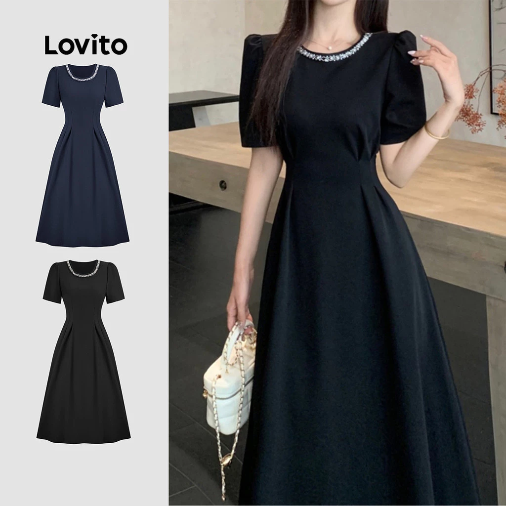 Lovito สง่างาม ชุดเดรส ประดับไข่มุก ชุดเดรสสีดำสำหรับผู้หญิงสุดนุ่มนวลและสบายในฤดูใบไม้ผลิ/ฤดูร้อน L137ED163