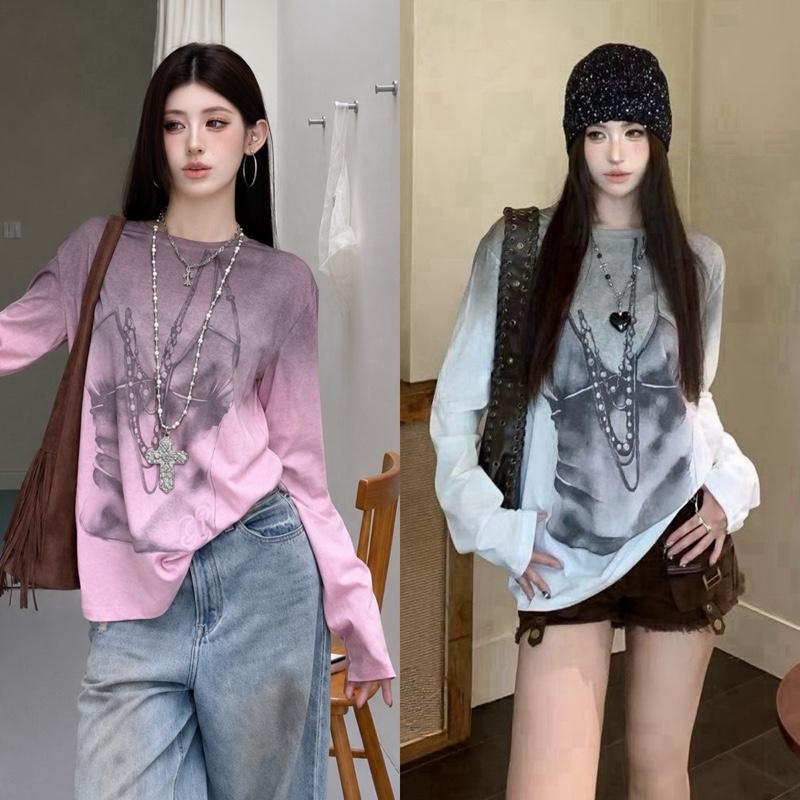 BY0654 เสื้อโอเวอร์ไซส์แขนยาว พิมพ์ไล่สี ลายบิกินี benly co