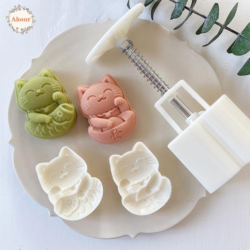 AHOUR 2 ชิ้น/เซ็ต Lucky Cat Shape Mooncake Mold,ลายนูนมือกดคุกกี้แม่พิมพ์,ครัวเรือน 3D พลาสติก DIY P