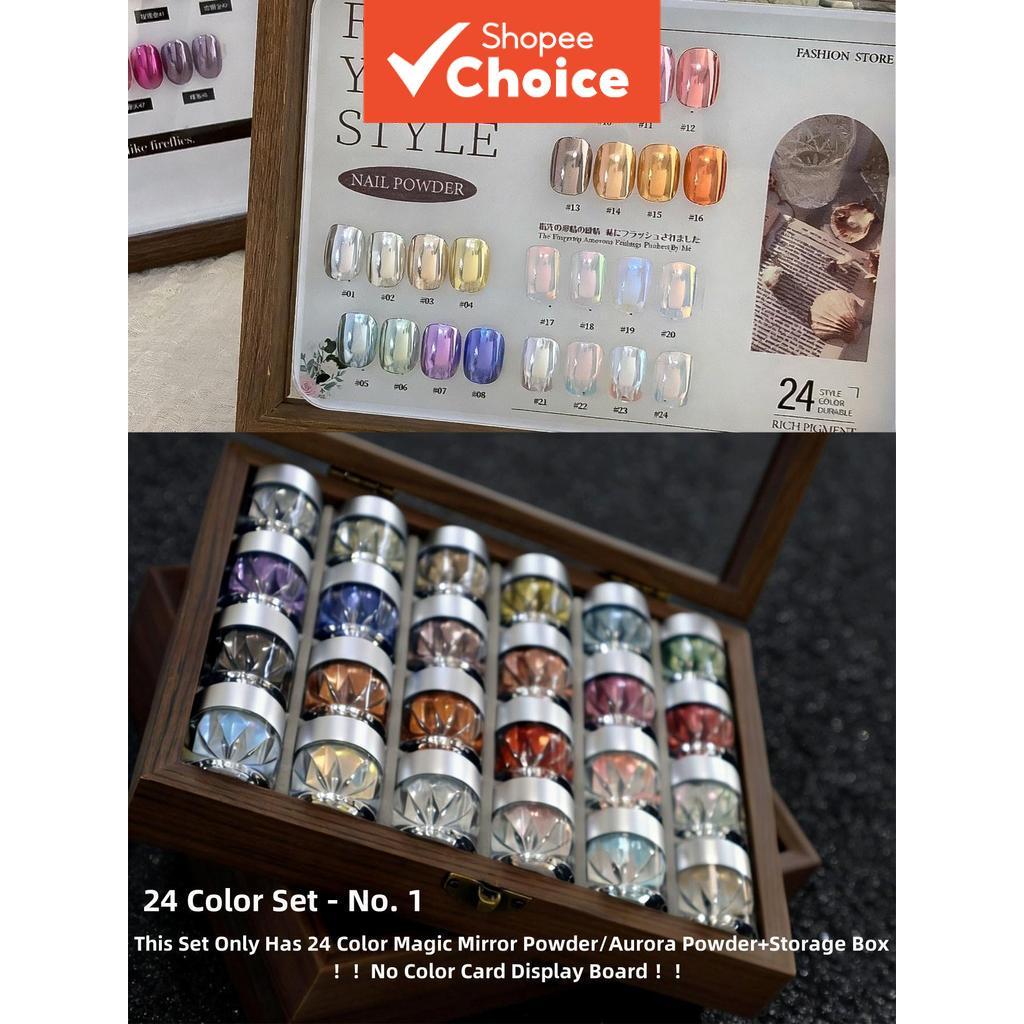 ผงกระจกวิเศษ 24 ชิ้น สีสดใส 24 สี สําหรับตกแต่งเล็บ DIY พร้อมกล่องเก็บ (ไม่มีตัวอย่างสี)