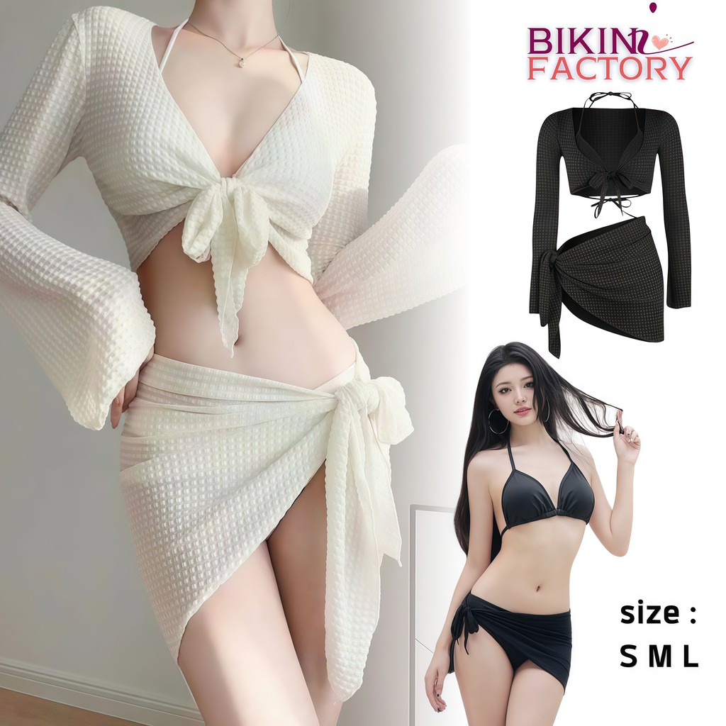 BIKINI FACTORY บิกินี่เซต 4 ชิ้น เสื้อแขนยาวผูกหน้า กระโปรงผูก เซ็กซี่พรางหุ่น มีไซส์ S-L | น้ำหนัก 38-58 กก. Y004