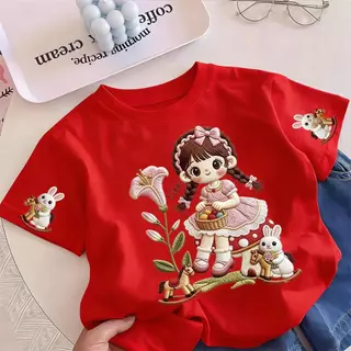 เสื้อยืดเด็กผ้าฝ้ายแท้แขนสั้น สีครีมอ่อนนุ่ม ผ้าฝ้าย100% นุ่มละมุนระบายอากาศ ไม่ระคายผิวเด็กผู้หญิง ลายปักลายปัก3D สาวน้