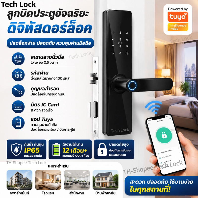 Tuya Smart Lock ลูกบิดประตูอัจฉริยะ ดิจิทัลดอร์ล็อค ควบคุมผ่านมือถือ สแกนนิ้วไว ปลอดภัยสูง สำหรับอพาร์ทเม้นท์ โรงแรม