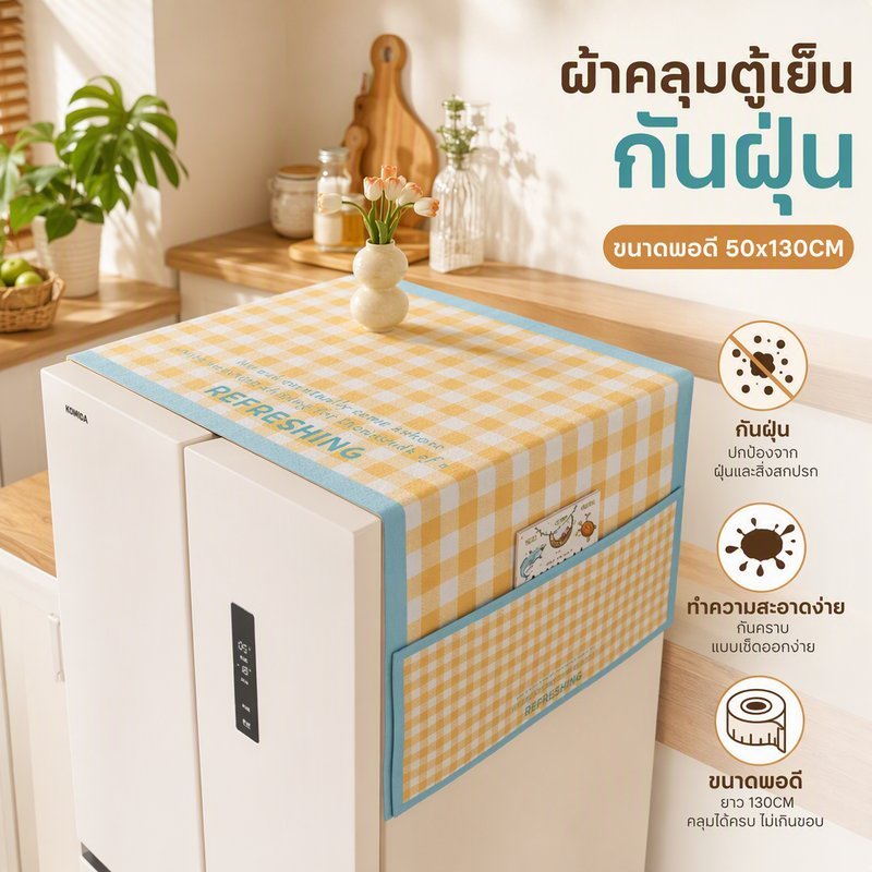 ผ้าคลุมตู้เย็น ผ้าฝ้ายลินิน กันฝุ่น กันคราบ มีช่องใส่ของ ลายตาราง สำหรับตู้เย็น เตาอบ