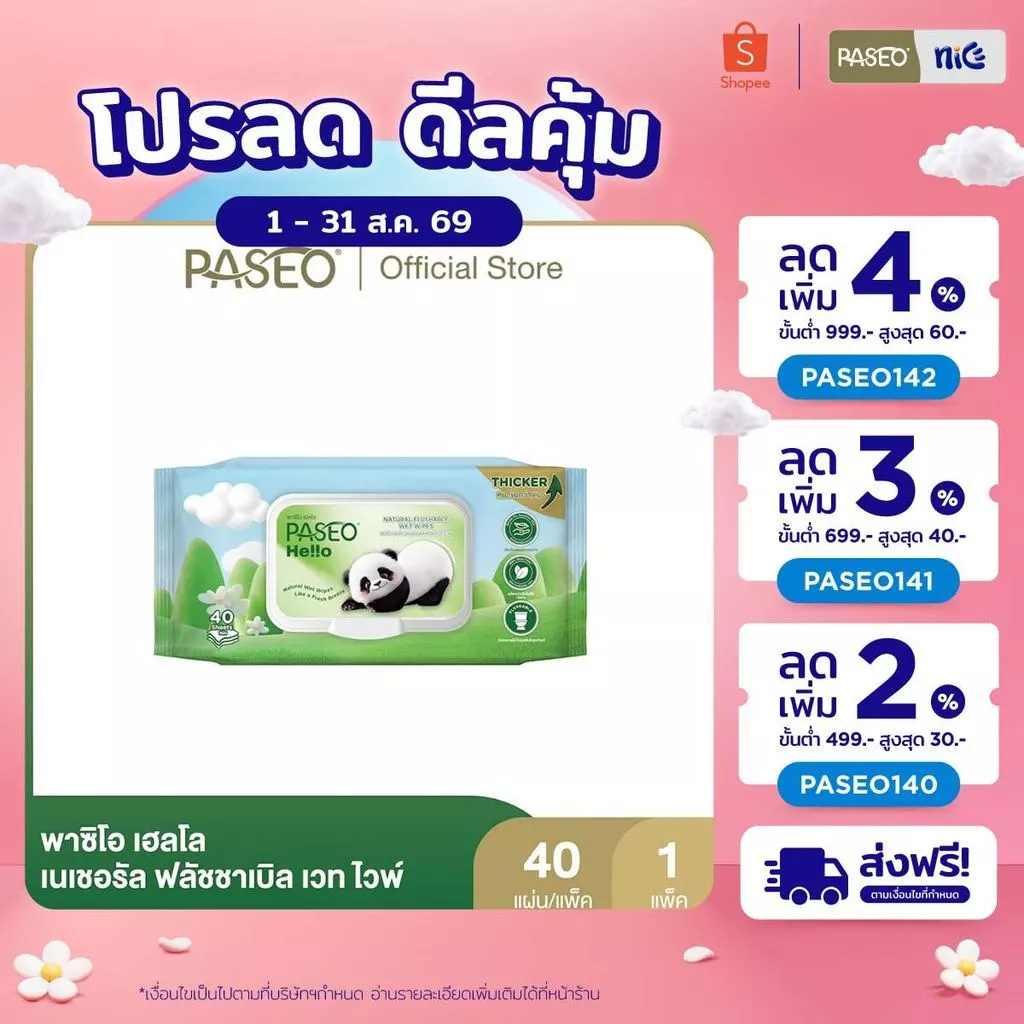 (1 แถม 1) PASEO พาซิโอ เฮลโล เนเชอรัล ฟลัชชาเบิล เวท ไวพ์ รุ่น 40 แผ่น (ทิชชู่เปียก กระดาษทิชชู่เปียก) x 1 แพ็ค