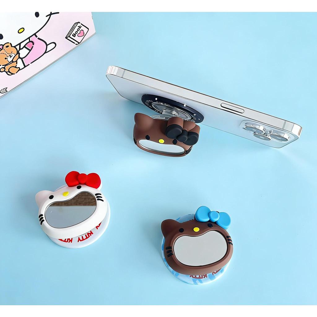 ที่วางโทรศัพท์แบบแมกเนติก MagSafe สำหรับกระจก สะท้อนภาพการ์ตูนเฮลโลคิตตี้ พร้อมระบบกันกระแทกแบบยืดหด วัสดุซิลิโคนลายแมว KT เหมาะสำหรับผู้หญิง