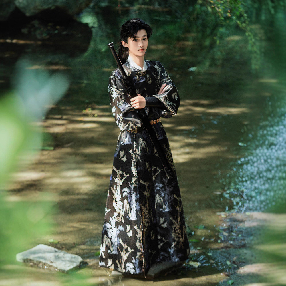 T Tang Made Round Neck Robe Copy Style Tang Dynasty Weaving Golden Hanfu ผู้ชายผู้หญิง Hero หล่อ Tan