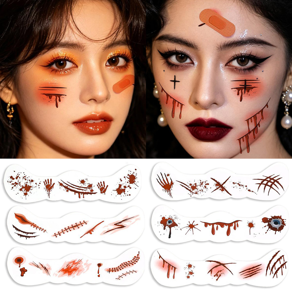 10/20 ชิ้นฮาโลวีน Creepy Scar Wound Face Tattoo Decal ชั่วคราว Tattoo สติกเกอร์ทิ้งสําหรับงานปาร์ตี้