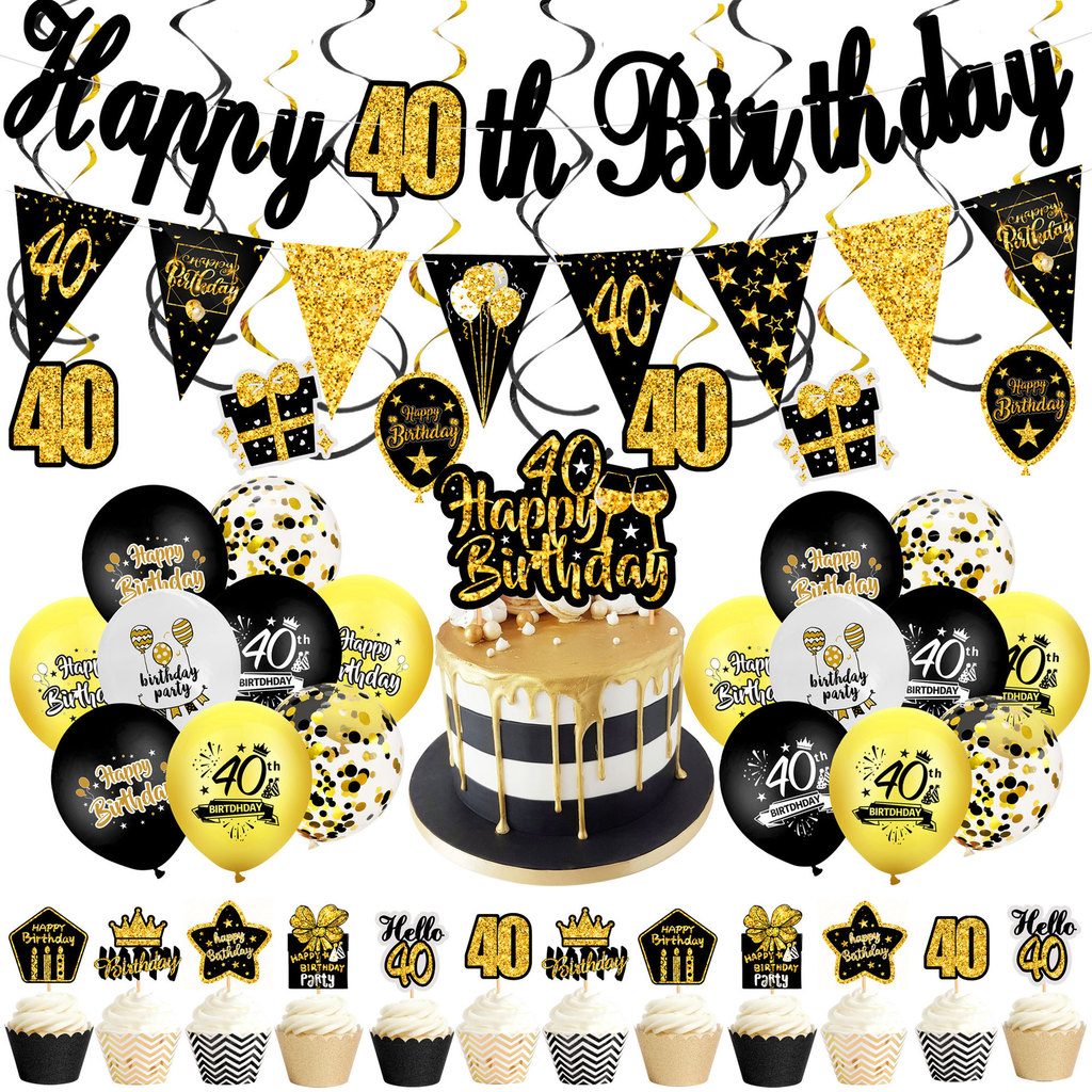 50 ชิ้นสีดําทอง 40th Birthday Balloon Set,Banner, Toppers & Hanging Swirls, สําหรับ 18 30 40 50 60 ส
