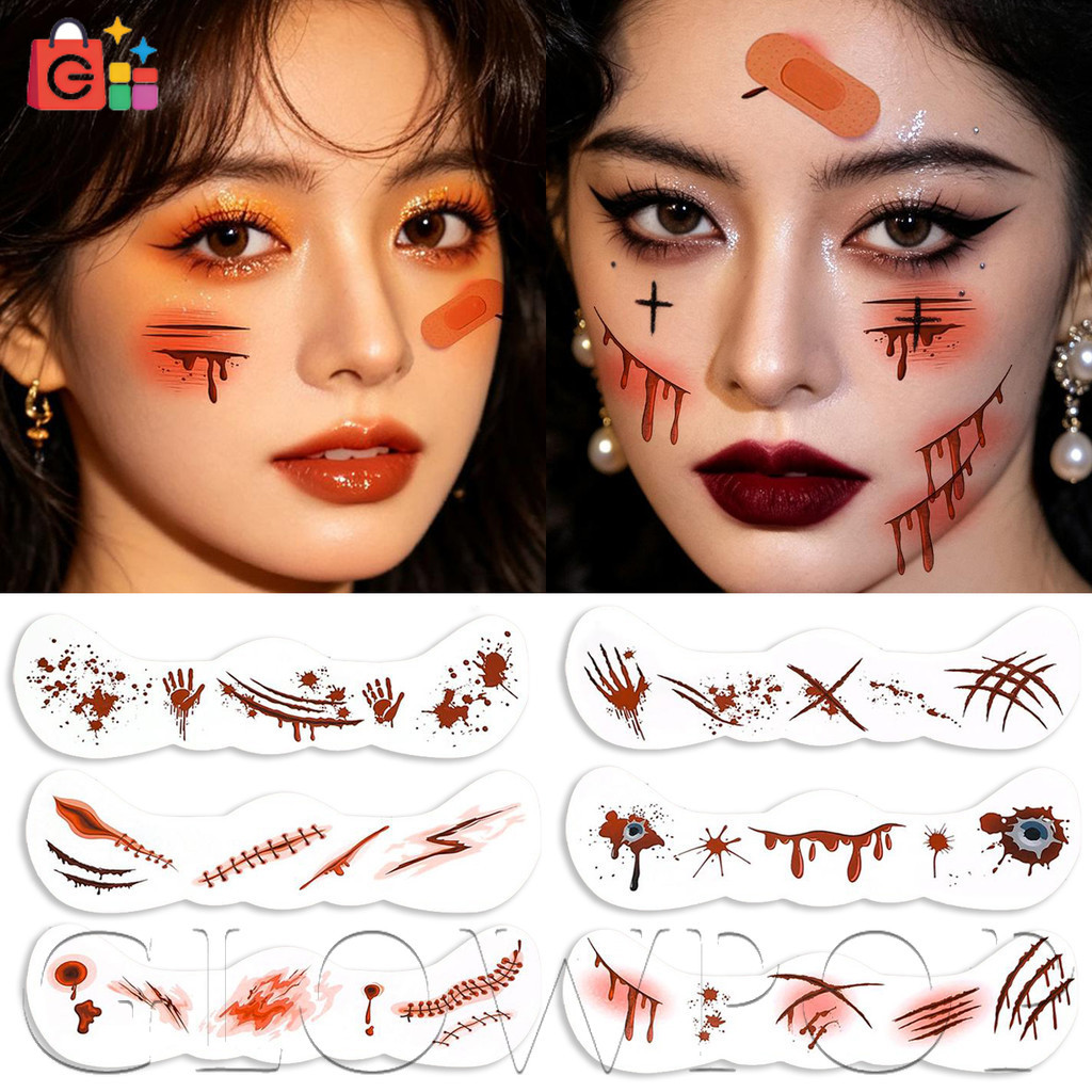 [จัดส่งรวดเร็ว] 10/20 ชิ้นฮาโลวีน Creepy Scar Wound Face Tattoo Decal ชั่วคราว Tattoo สติกเกอร์ทิ้งส