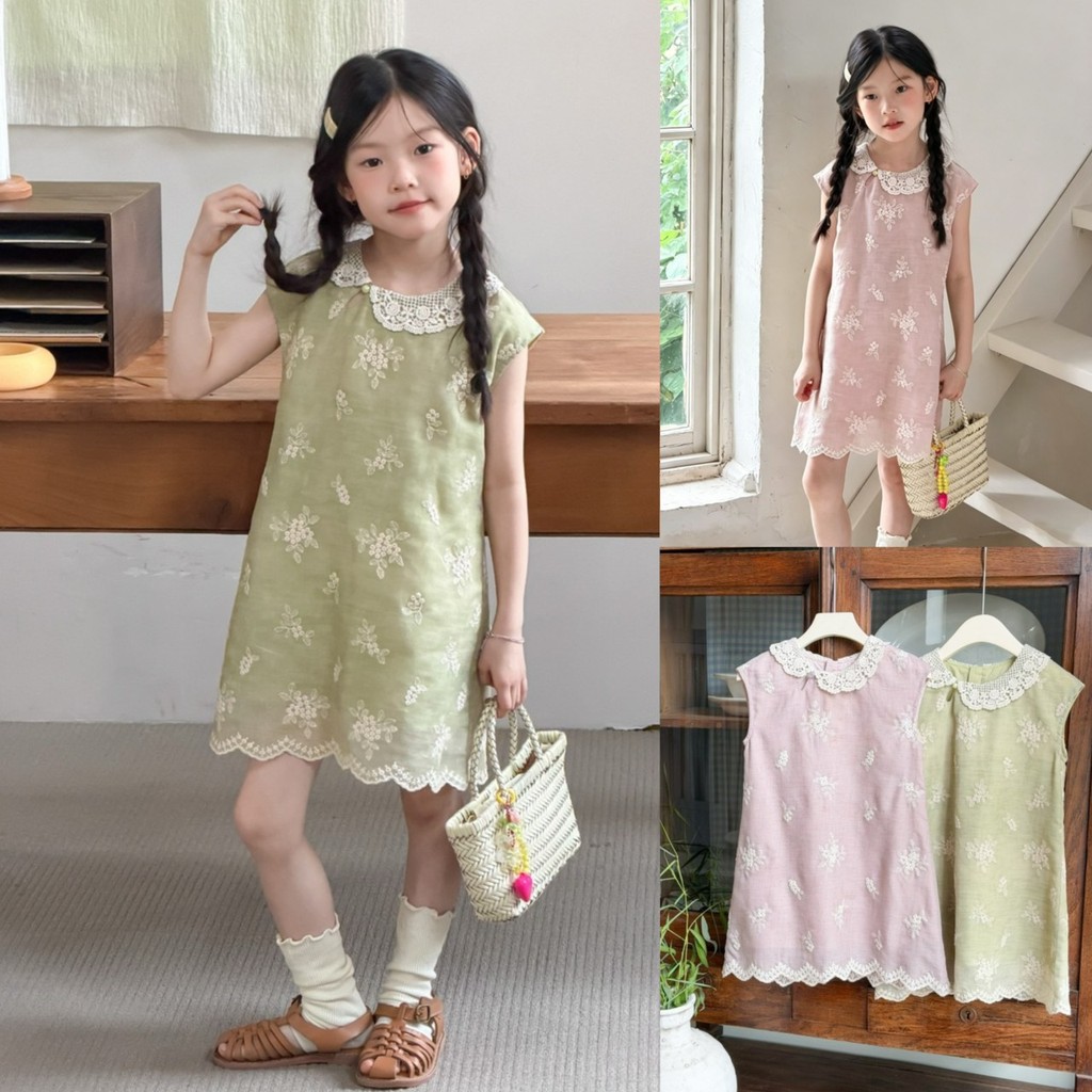 PRETTY BABY ชุดเดรสเด็กผู้หญิง เดรสแขนกุด แต่งคอระบาย ปักดอกไม้(2364)