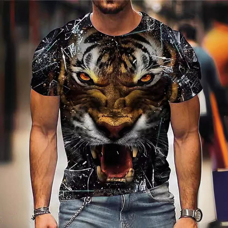 704 เสื้อยืดผู้ชาย Animal Tiger Printing คอลูกเรือการพิมพ์ 3D ลําลองทุกวัน