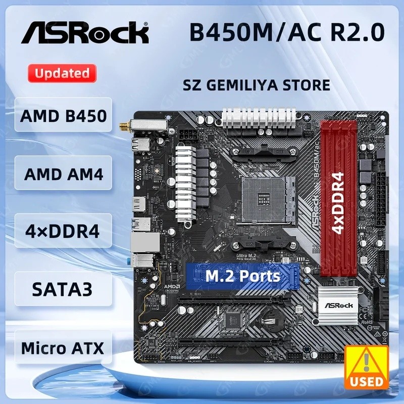 ASRock B450M เมนบอร์ด B450M/ac R2.0 ซ็อกเก็ตเมนบอร์ด AM4 Ryzen 5 5600G 5300G 5700 3900 1500 cpus DDR