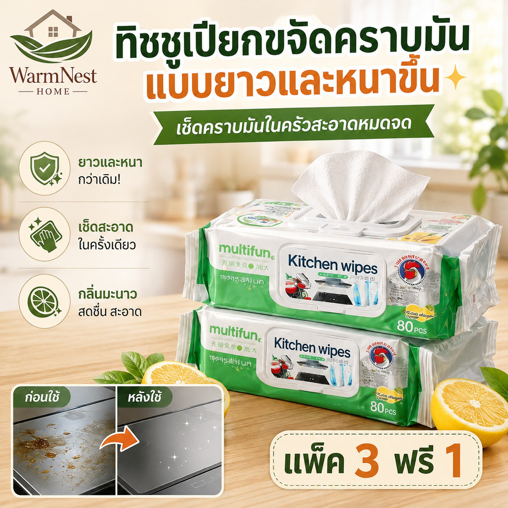 ทิชชูเปียกขจัดคราบมันในครัวแบบยาวและหนาขึ้น/แผ่นทำความสะอาดครัว/ทิชชู่ซับน้ำมันสูตรเข้มข้น/ขจัดคราบน้ำมันทันที