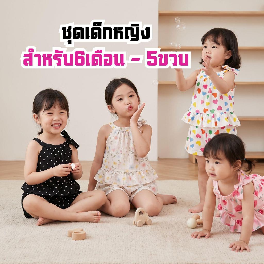 MooDeng Baby ชุดเซตเด็กหญิง เสื้อสายเดี่ยว ผูกโบว์ กางเกง ขาสั้น ลายน่ารัก พิม์ลาย สีสดใส 6เดือน