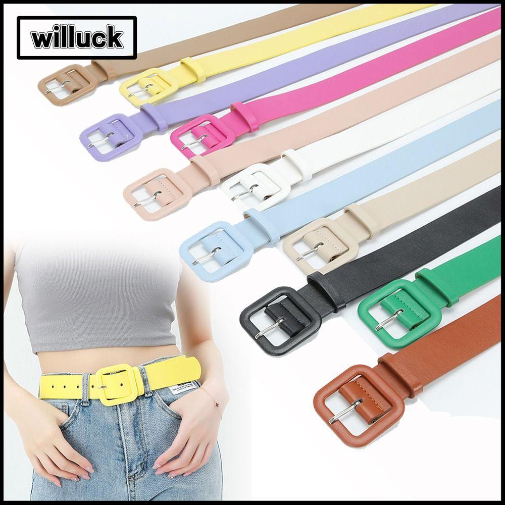 WILLUCK เข็มขัดหัวเข็มขัดทรงสี่เหลี่ยมแฟชั่นสีลูกกวาดวินเทจสายเอวบาง