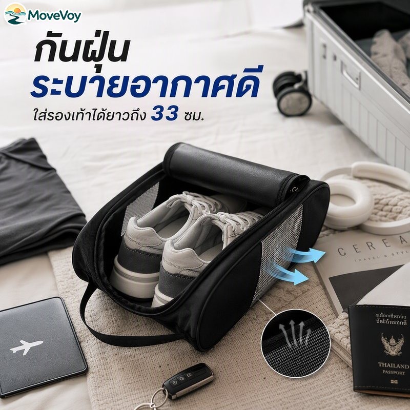 กระเป๋าใส่รองเท้าพกพา กันฝุ่น ซิปคู่ ช่องใหญ่ สำหรับเดินทาง จัดระเบียบ รองเท้า ผ้าใบ บาส