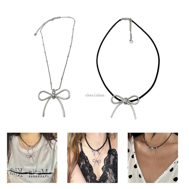 CH * Y2k เครื่องประดับหวาน Bowknot สร้อยคอ Clavicle Chains Choker สําหรับผู้หญิงสาวอารมณ์คอนักเรียนเ
