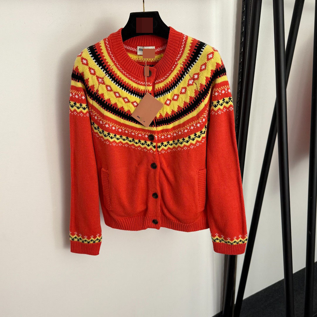 O2JV Mi ** iu Temperament น่ารัก Contrast สี Retro รูปแบบ Jacquard รอบคอแขนยาวขนสัตว์ถักเสื้อสเวตเตอ
