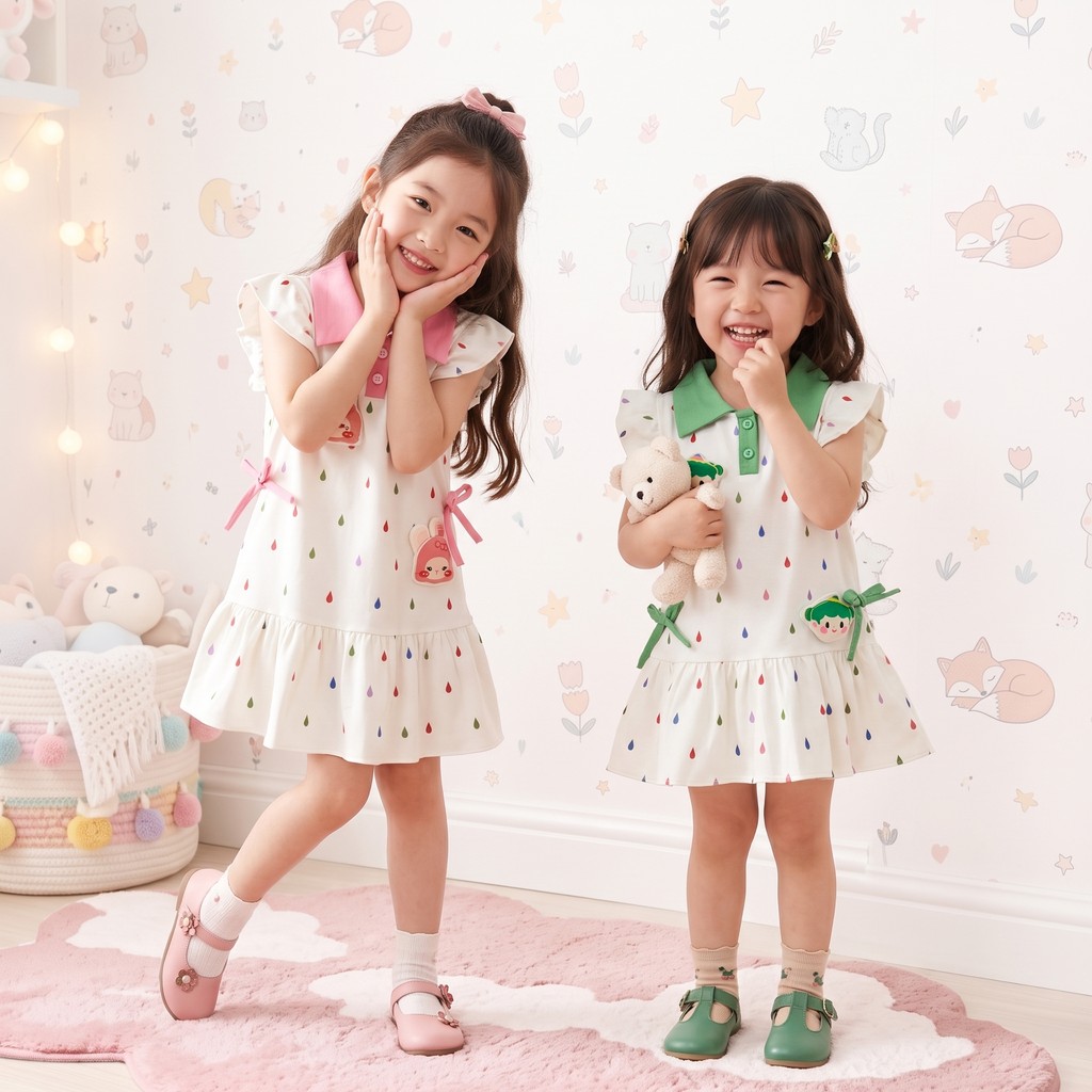Dolemi Baby เดรสเด็กผู้หญิง ชุดเดรสกระโปรง ทรงตรง สีชมพู สีเขียว ปกคอโปโล แขนระบาย ติดตุ๊กตา ต่อชายระบาย