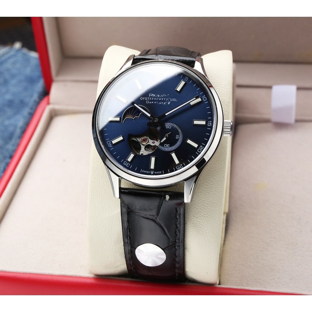 Rz1 ประณีต Elegant, Blue Hollow Dial Calm Deep, 41 มม.สบายสายหนังทนทานอัตโนมัตินาฬิกาผู้ชาย