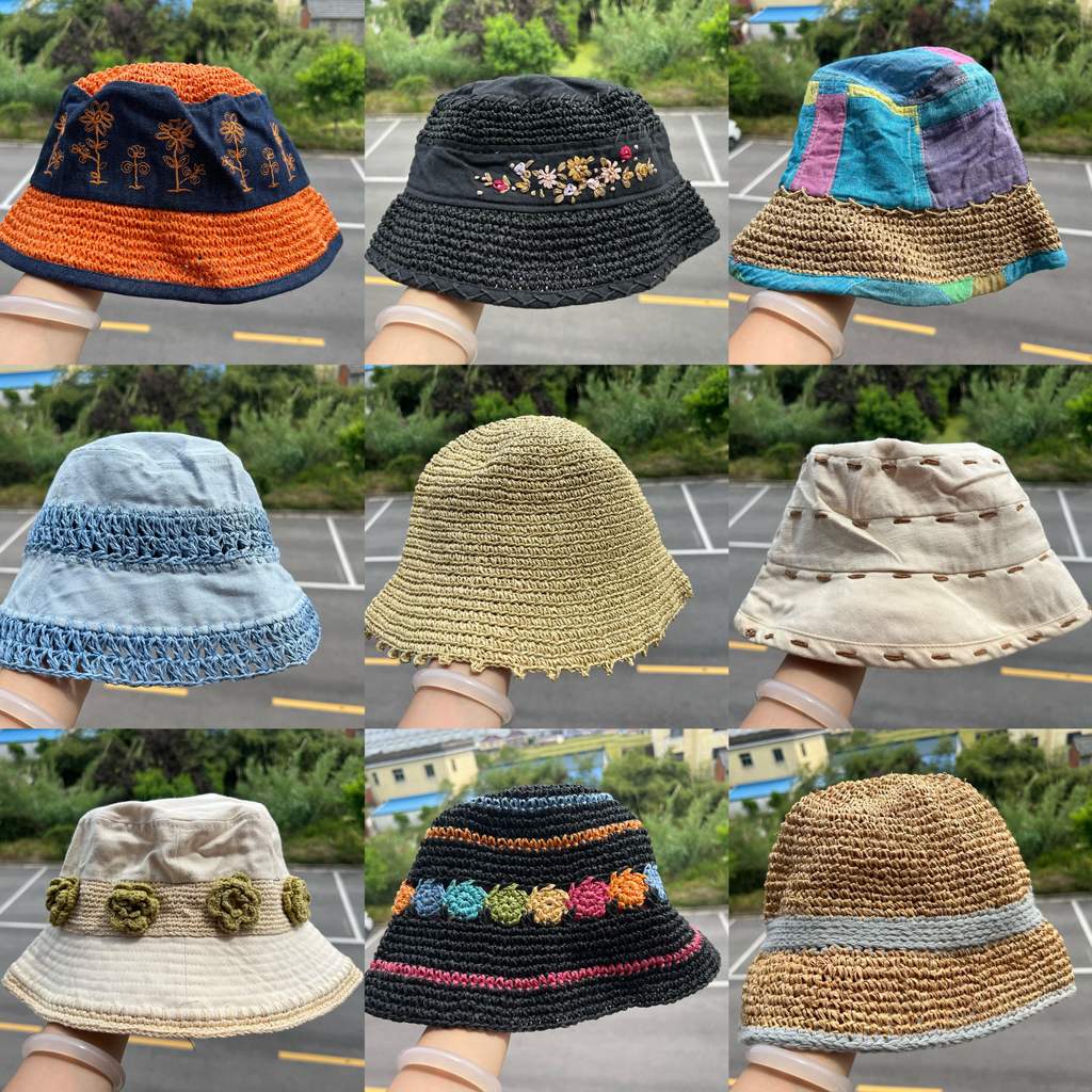 3S-152 Stitching Straw Bucket Hat Design Feel Small Face Outing Vacation Sunscreen Sun Hat J26-5