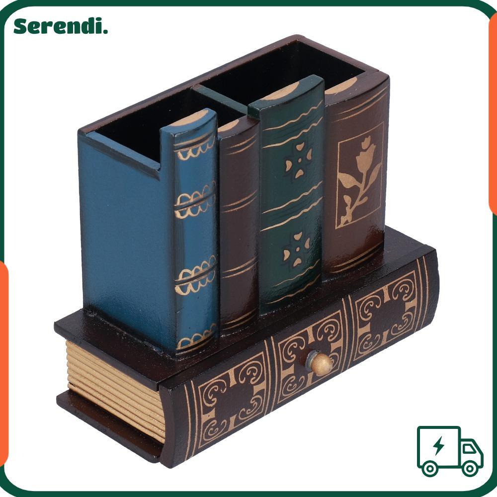SERENDI Retro Pencil Holder, MDF 5.91 X 5.31 X 2.56in Desktop Stationery Organizer, โต๊ะตกแต่งหนังสื