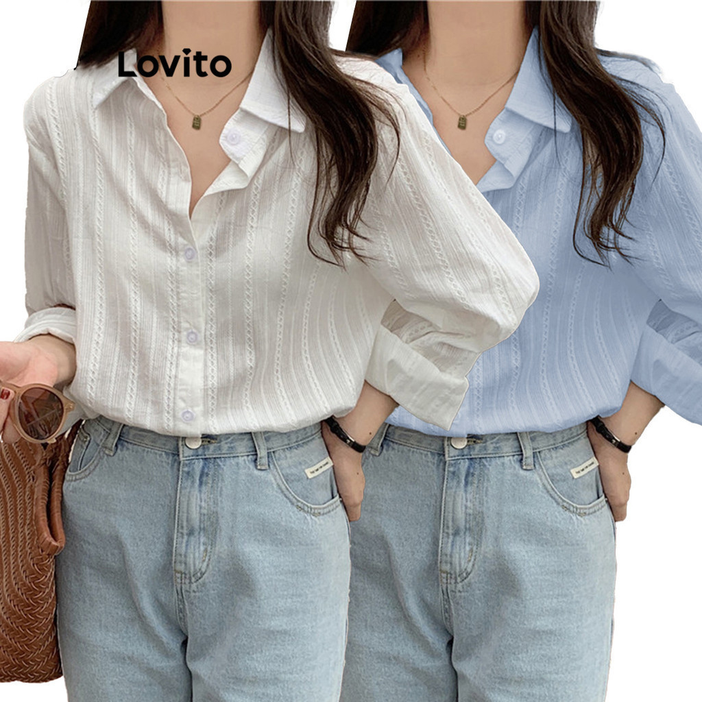 Lovito สง่างาม เสื้อเสื้อแขนยาว ผ้าแจ็คการ์ด ธรรมดาสําหรับผู้หญิง LNE27024 (หลากสี)