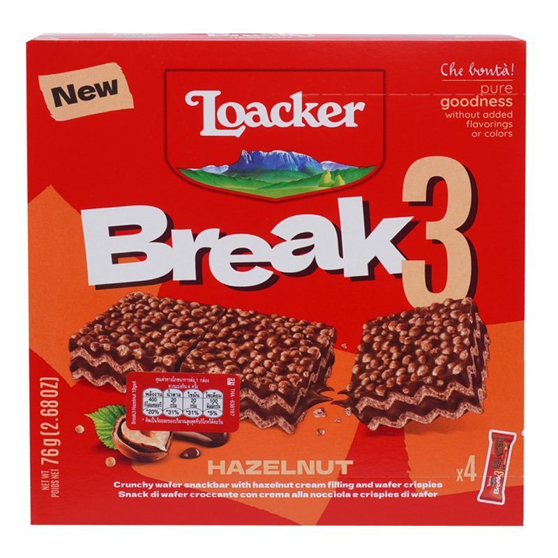 ล็อคเกอร์เบรคทรีเฮเซลนัทช็อกโกแลต 76กรัม Loacker Break3 Hazelnut Chocolate 76g. [หมายเลขบาร์โค้ด 8000380215799 ]