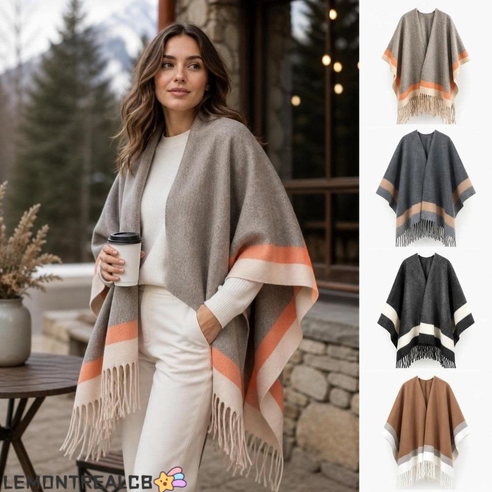 LEMONTREALCB ลายขอบ Poncho, Warm ขนาดใหญ่เปิดด้านหน้า Cape Shawl, Elegant สบาย Soft Fringed Edge พู่