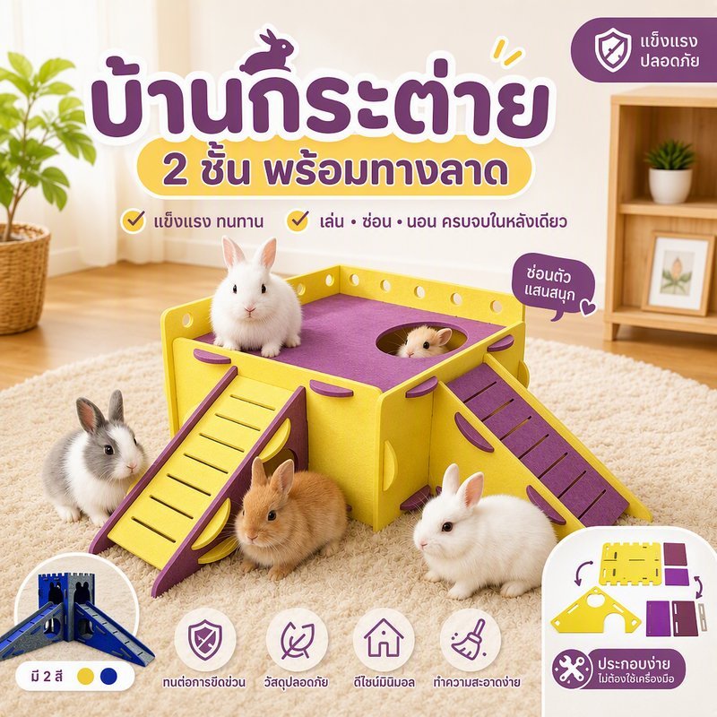 บ้านกระต่าย   2 ชั้น ของเล่นกระต่าย บ้านแฮมสเตอร์  พร้อมทางลาด  ผ้าสักหลาด ประกอบง่าย